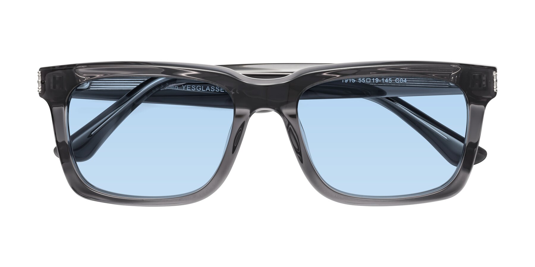 Folded Front of Evergreen in Transparent Gray with Light Blue Tinted Lenses