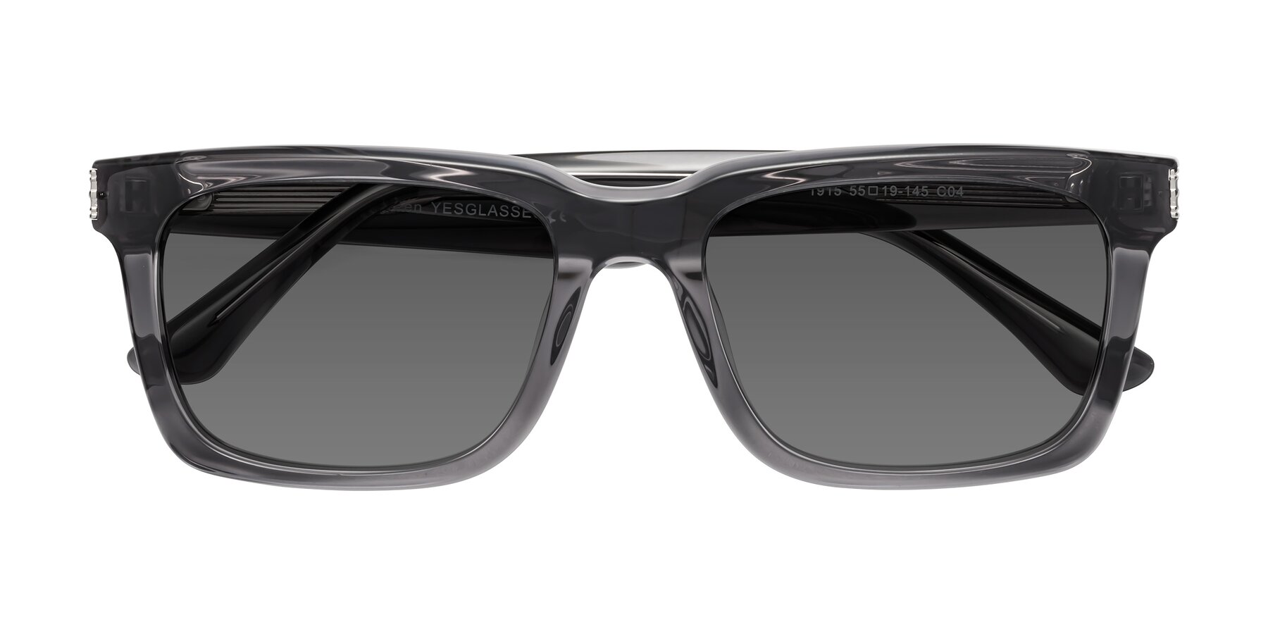 Folded Front of Evergreen in Transparent Gray with Medium Gray Tinted Lenses