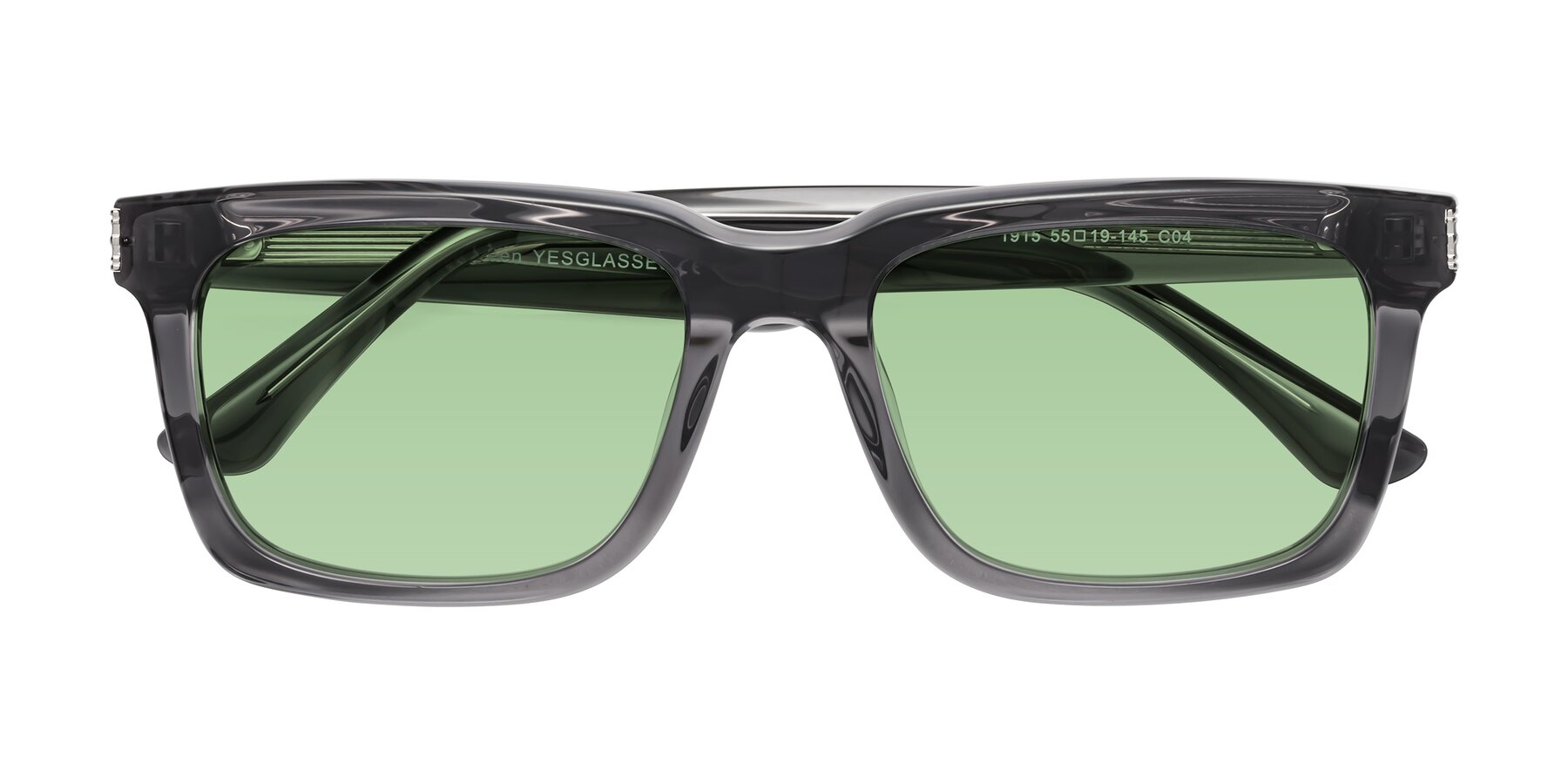 Folded Front of Evergreen in Transparent Gray with Medium Green Tinted Lenses