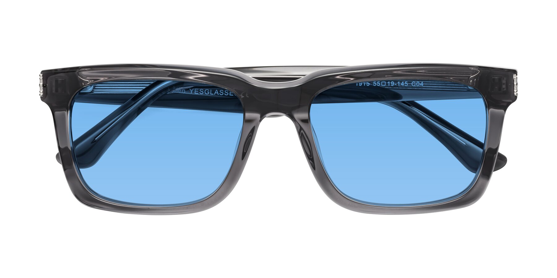 Folded Front of Evergreen in Transparent Gray with Medium Blue Tinted Lenses