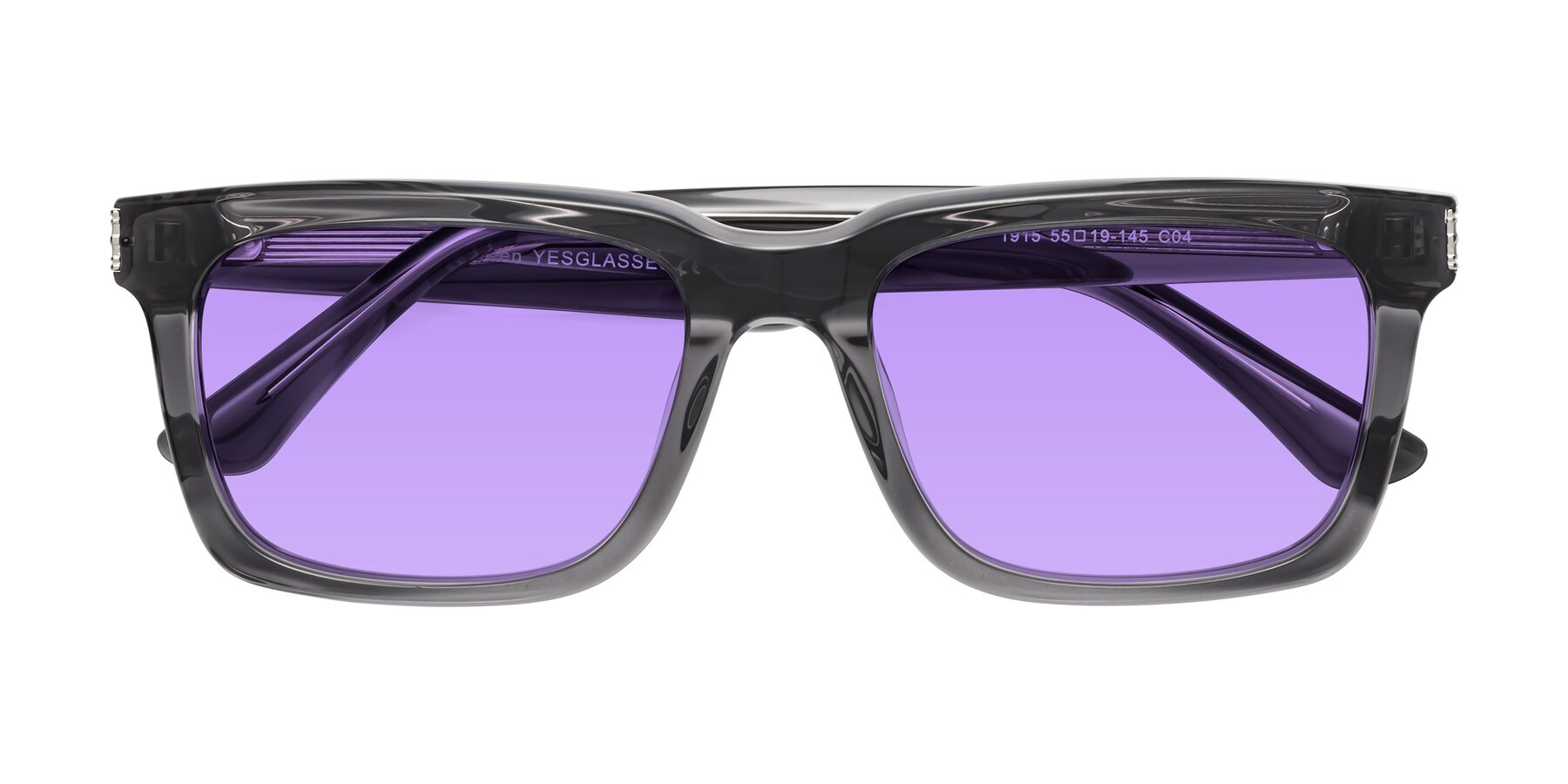 Folded Front of Evergreen in Transparent Gray with Medium Purple Tinted Lenses