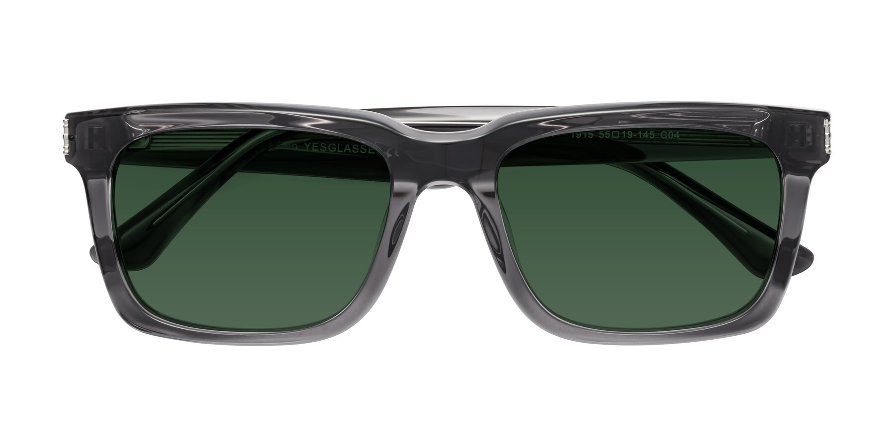 Folded Front of Evergreen in Transparent Gray with Green Tinted Lenses