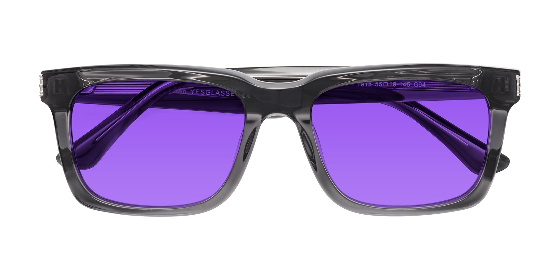 Folded Front of Evergreen in Transparent Gray with Purple Tinted Lenses