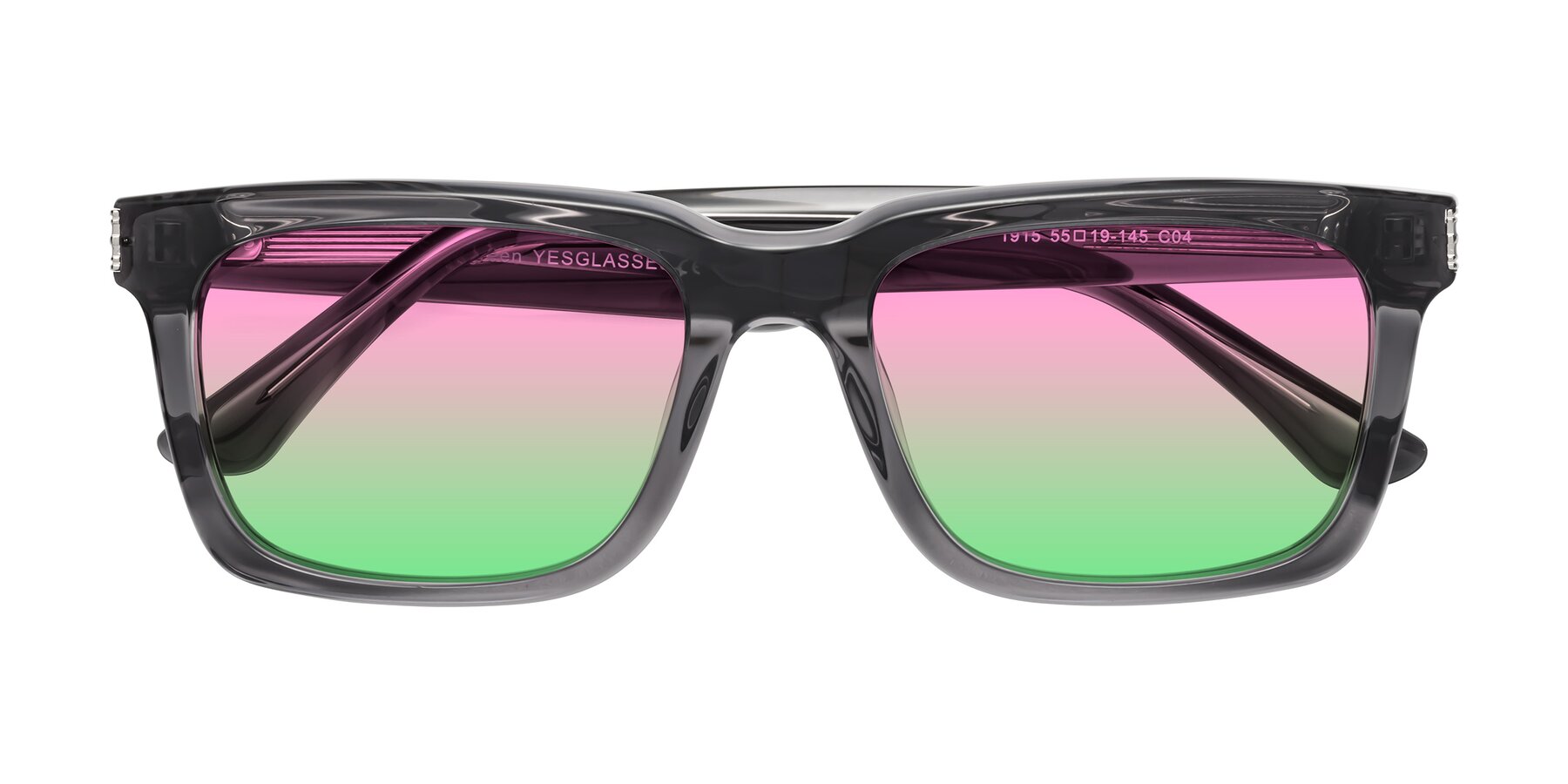 Folded Front of Evergreen in Transparent Gray with Pink / Green Gradient Lenses