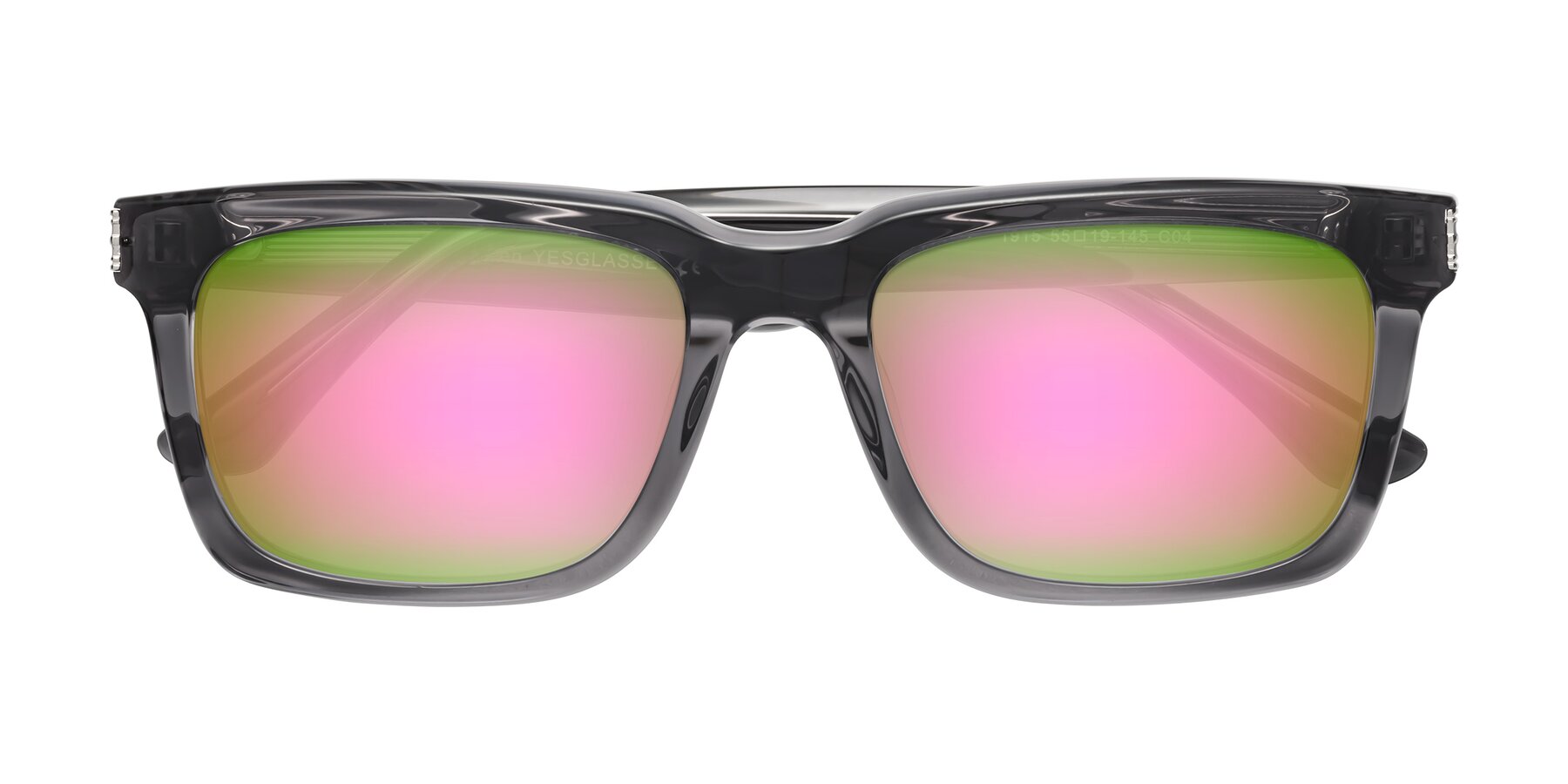 Folded Front of Evergreen in Transparent Gray with Pink Mirrored Lenses