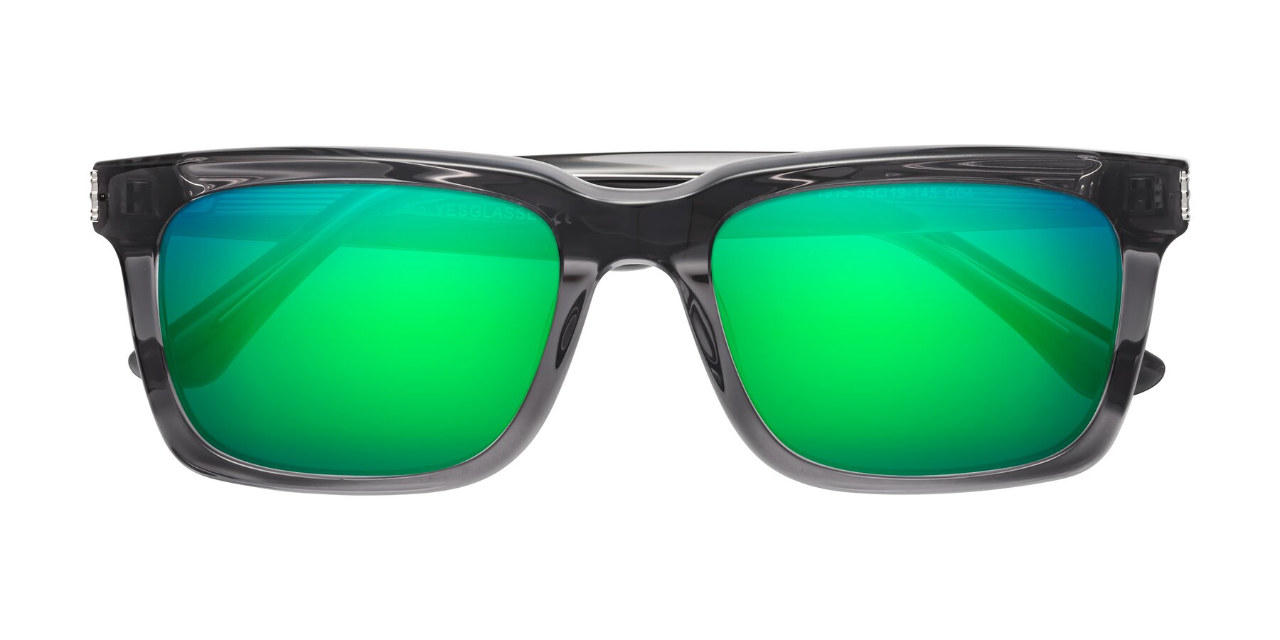 Folded Front of Evergreen in Transparent Gray with Green Mirrored Lenses