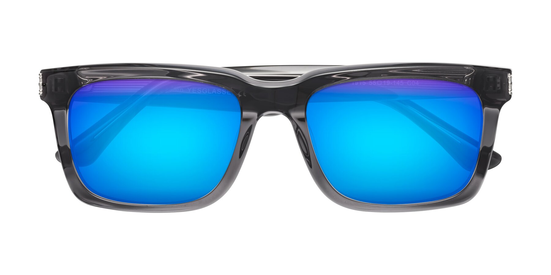 Folded Front of Evergreen in Transparent Gray with Blue Mirrored Lenses