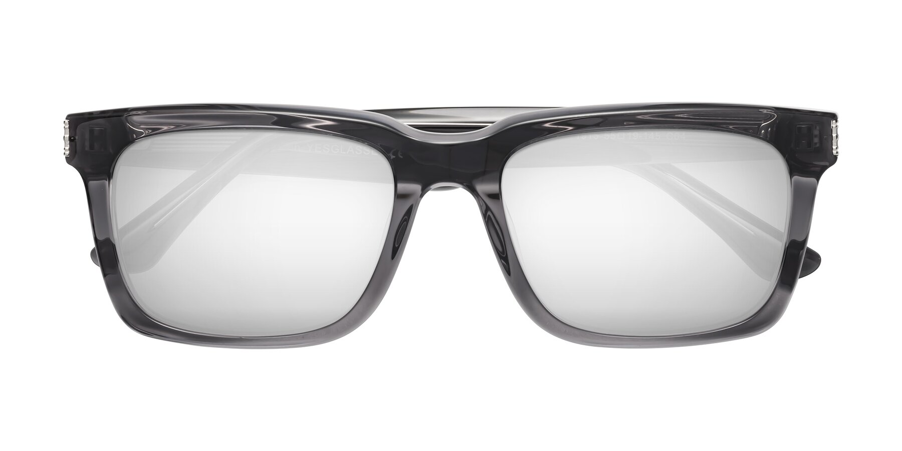 Folded Front of Evergreen in Transparent Gray with Silver Mirrored Lenses