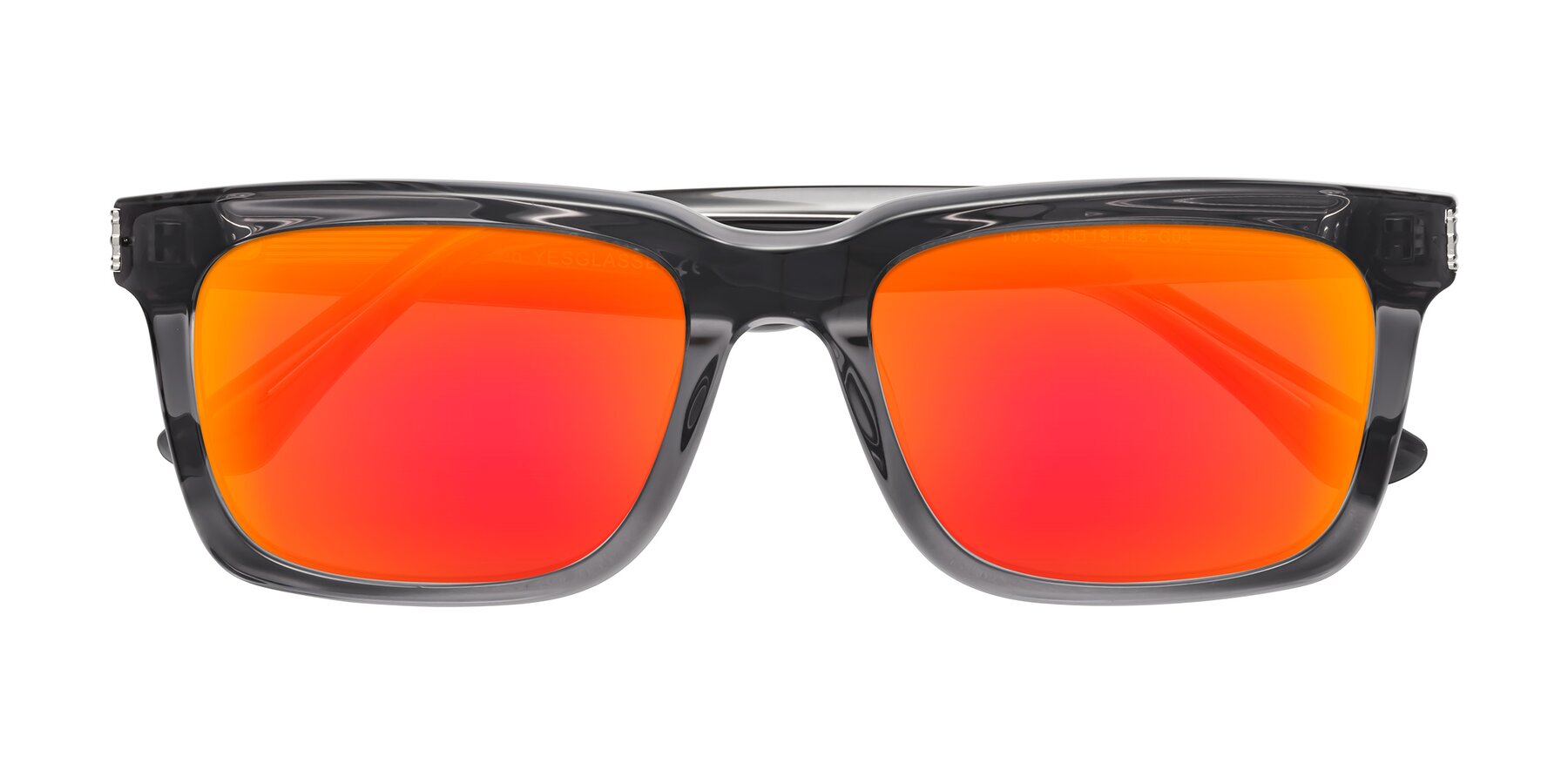Folded Front of Evergreen in Transparent Gray with Red Gold Mirrored Lenses