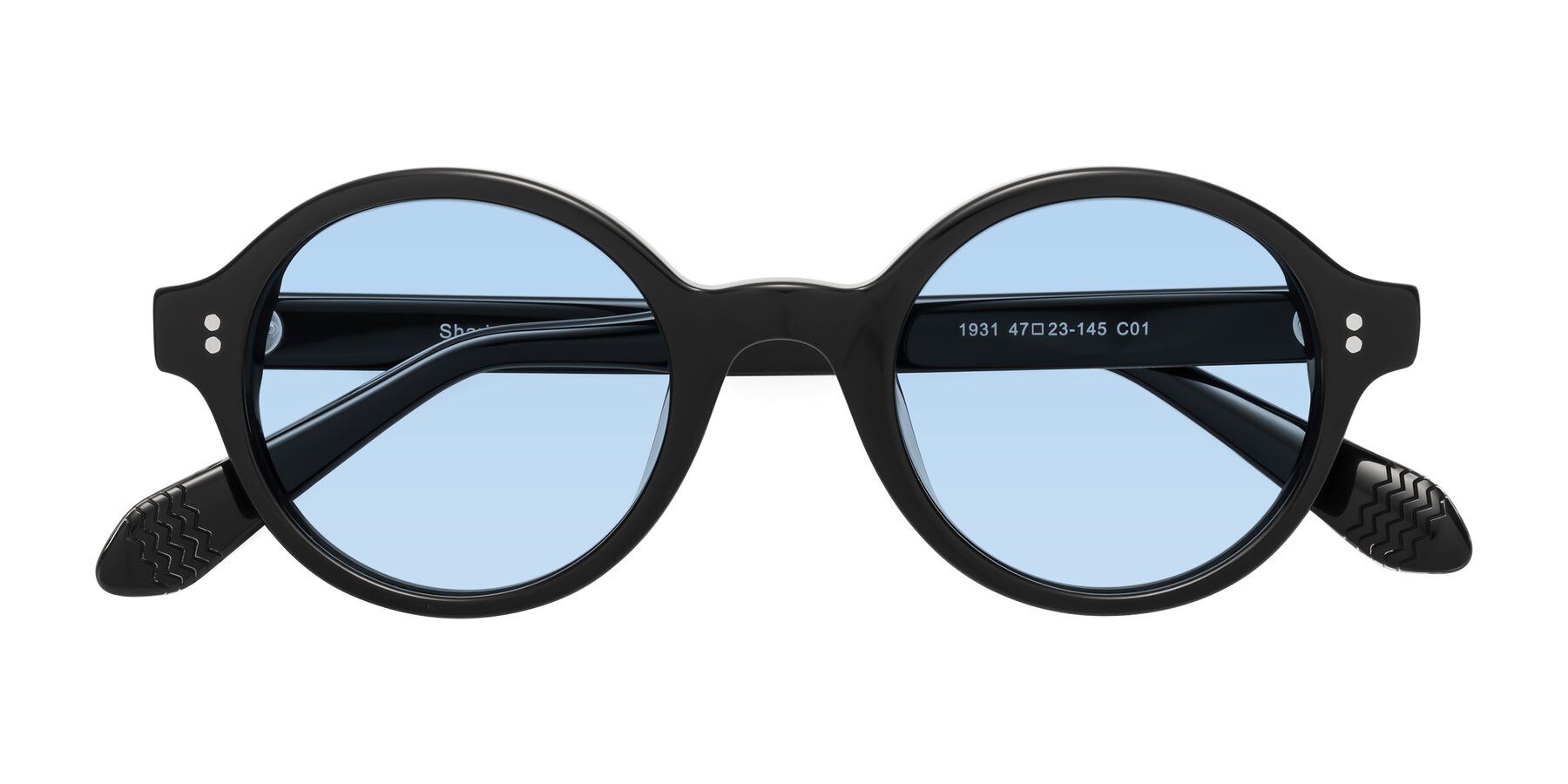 Folded Front of Shari in Black with Light Blue Tinted Lenses