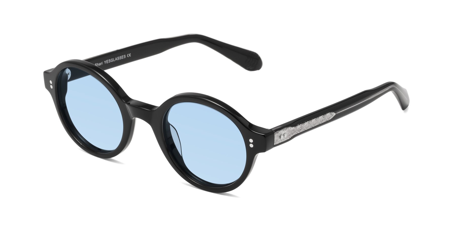 Angle of Shari in Black with Light Blue Tinted Lenses