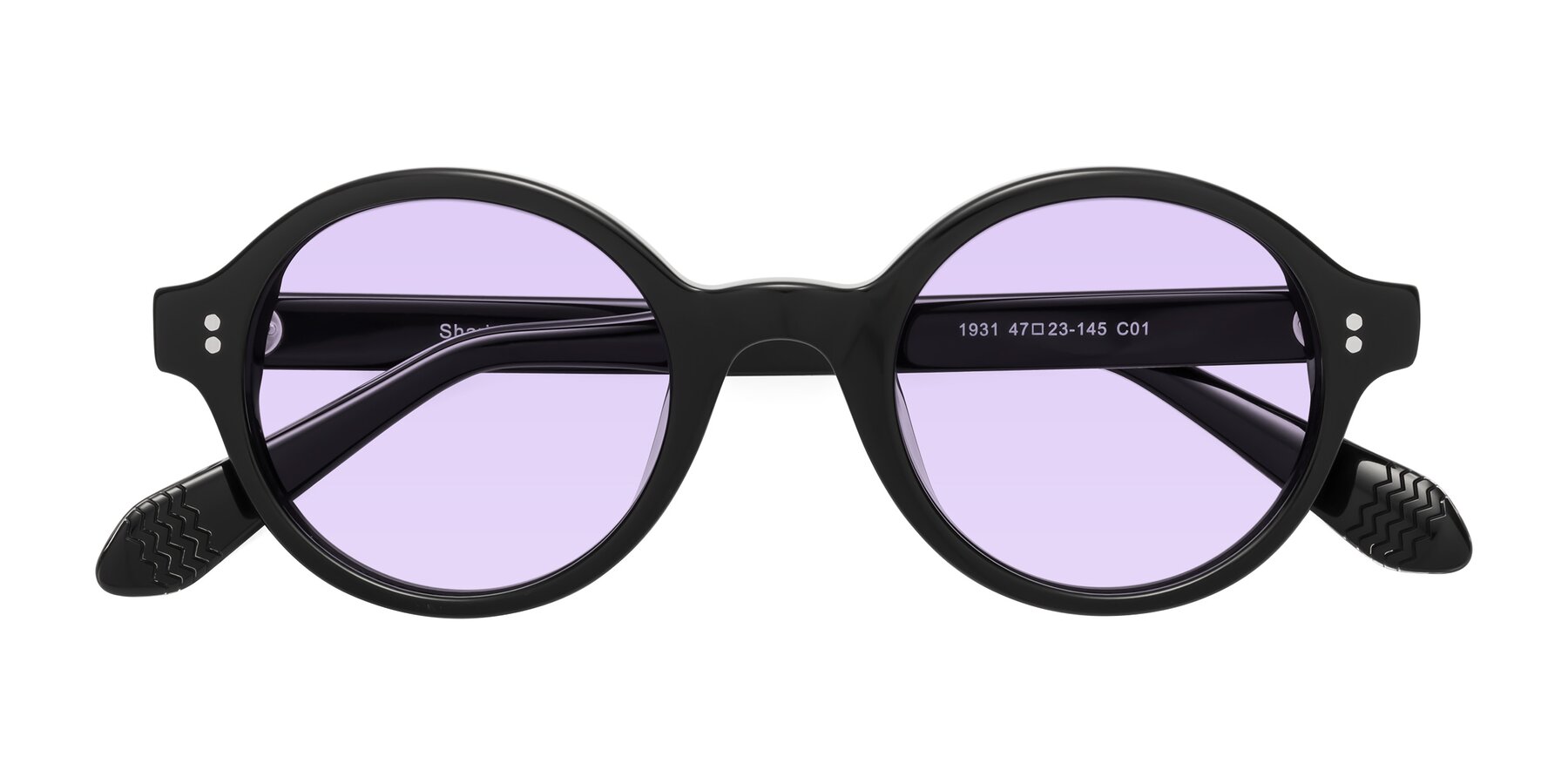 Folded Front of Shari in Black with Light Purple Tinted Lenses