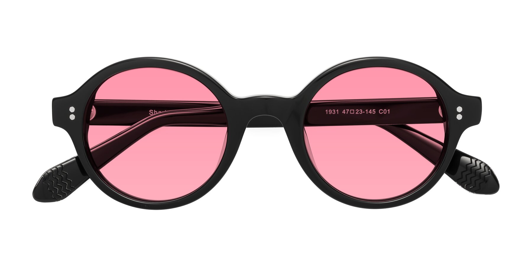 Folded Front of Shari in Black with Pink Tinted Lenses