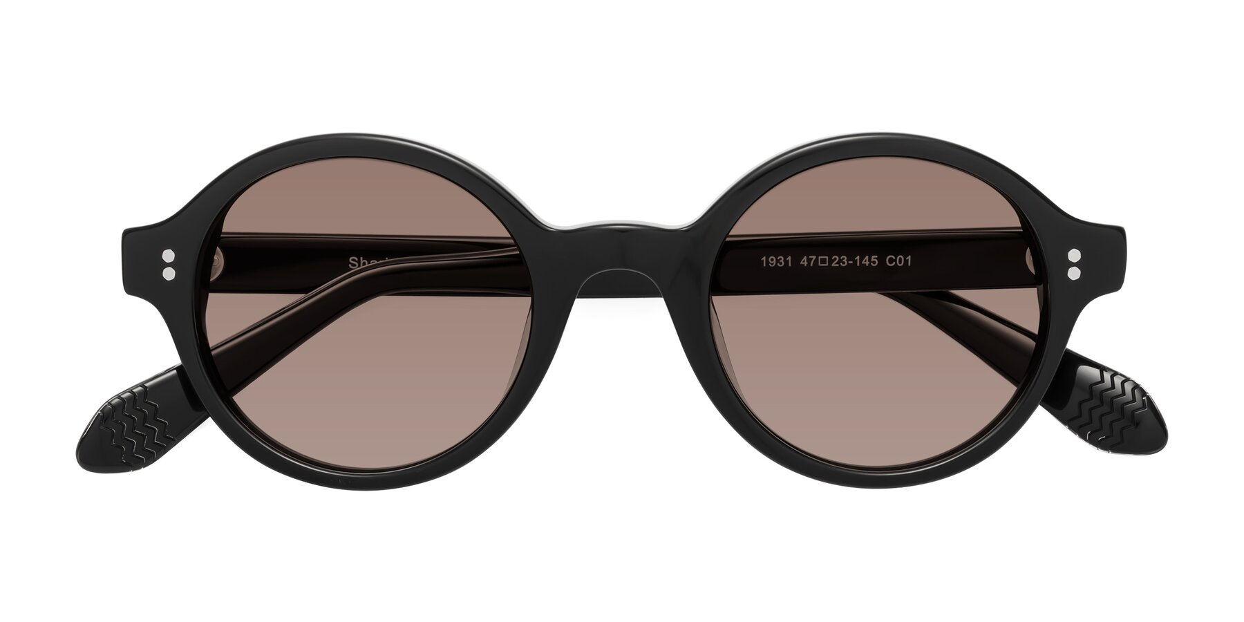 Folded Front of Shari in Black with Medium Brown Tinted Lenses