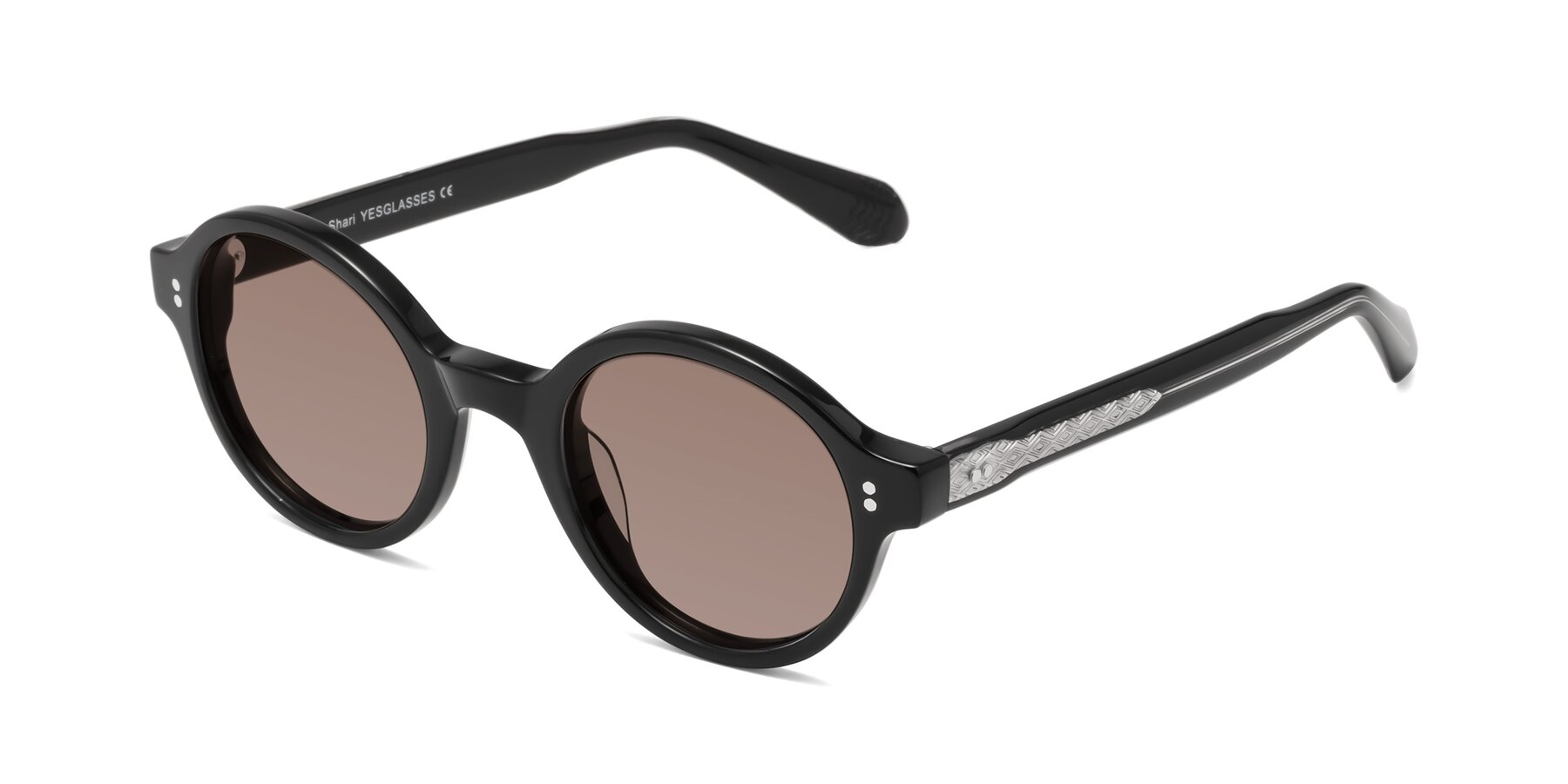 Angle of Shari in Black with Medium Brown Tinted Lenses