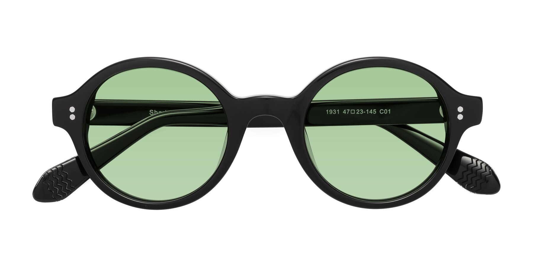 Folded Front of Shari in Black with Medium Green Tinted Lenses