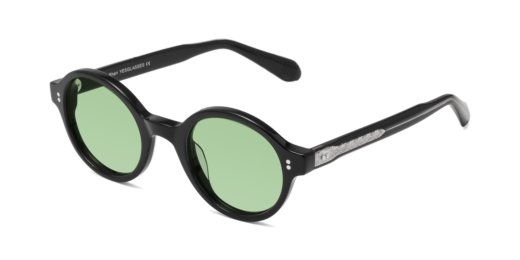 Angle of Shari in Black with Medium Green Tinted Lenses