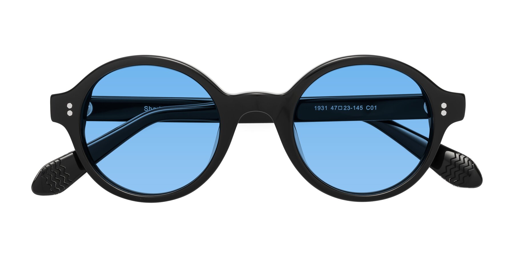 Folded Front of Shari in Black with Medium Blue Tinted Lenses