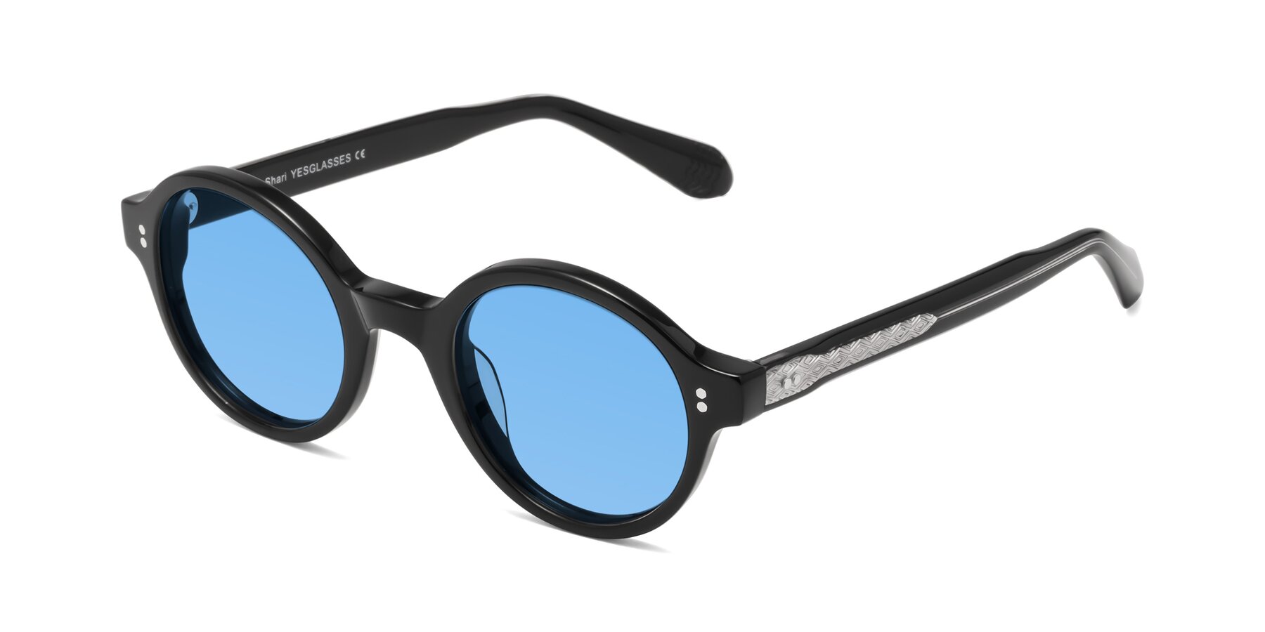 Angle of Shari in Black with Medium Blue Tinted Lenses