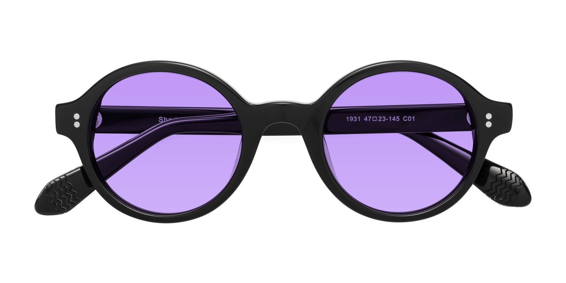 Folded Front of Shari in Black with Medium Purple Tinted Lenses