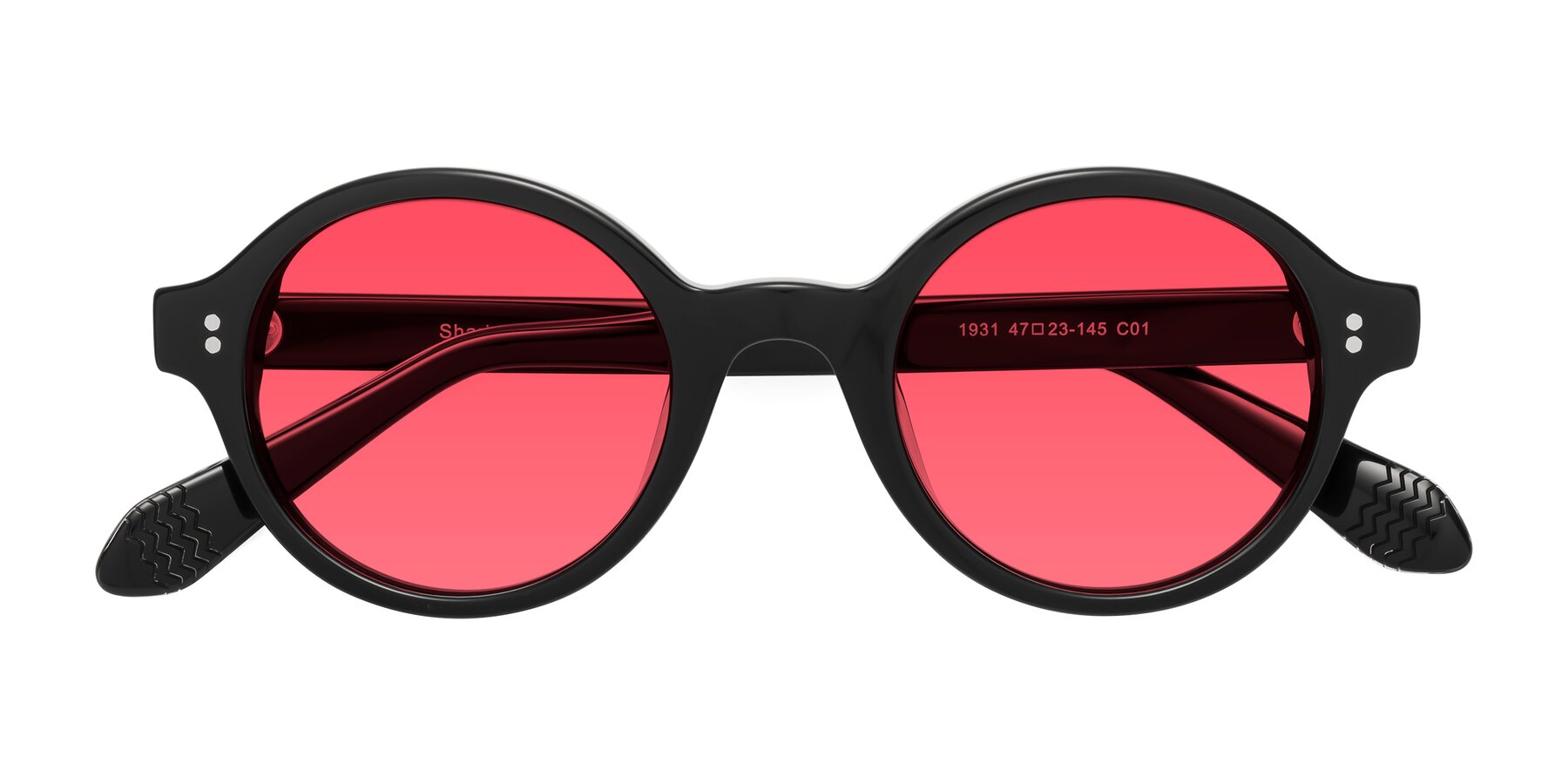 Folded Front of Shari in Black with Red Tinted Lenses