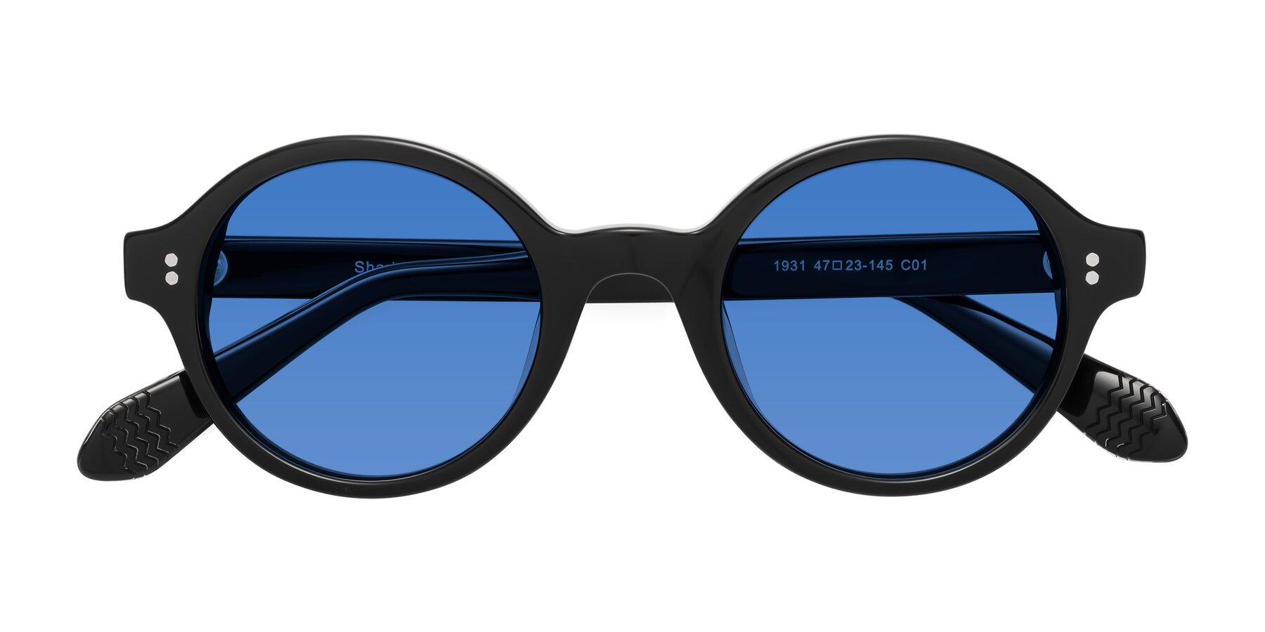 Folded Front of Shari in Black with Blue Tinted Lenses