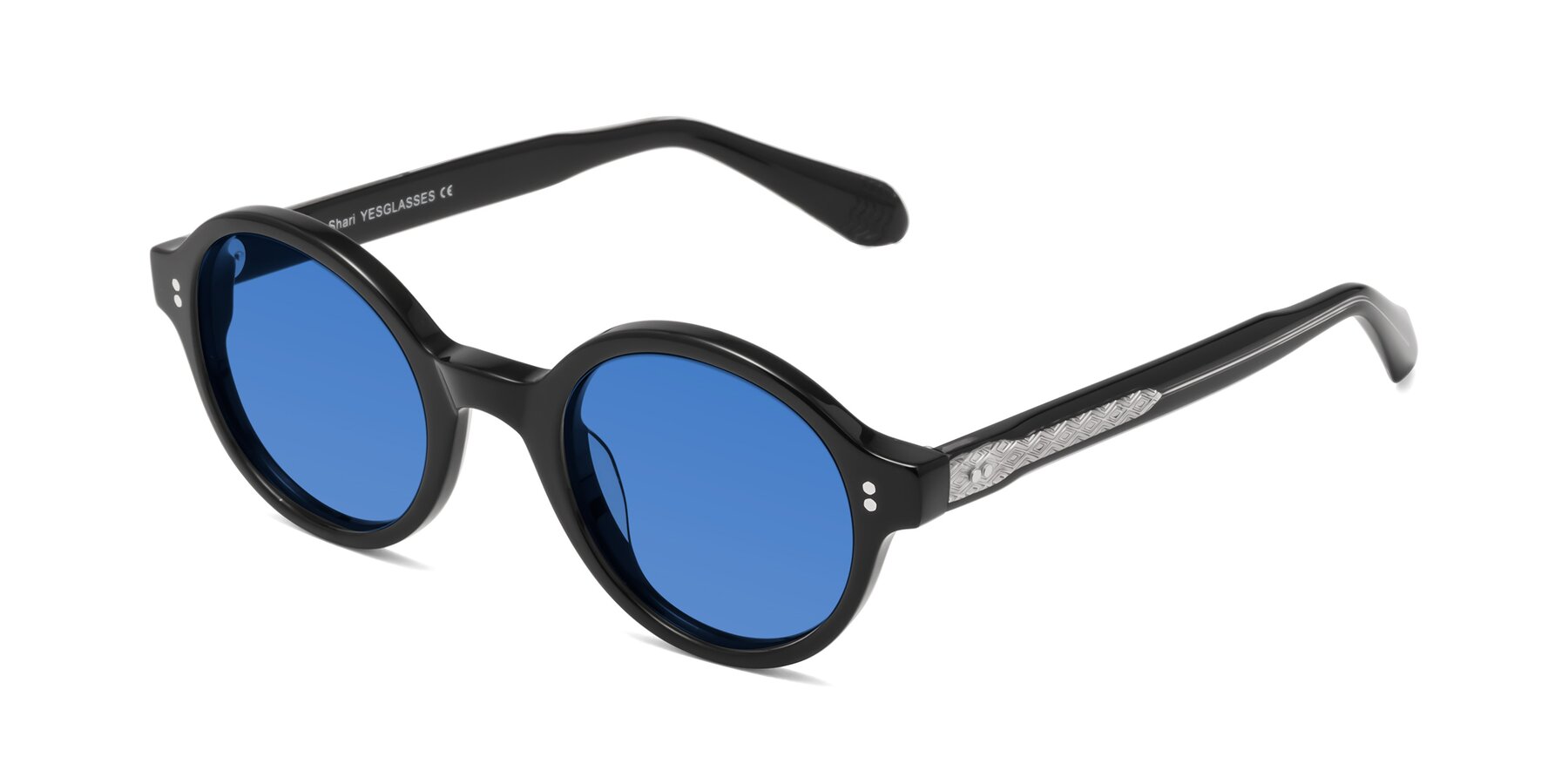 Angle of Shari in Black with Blue Tinted Lenses