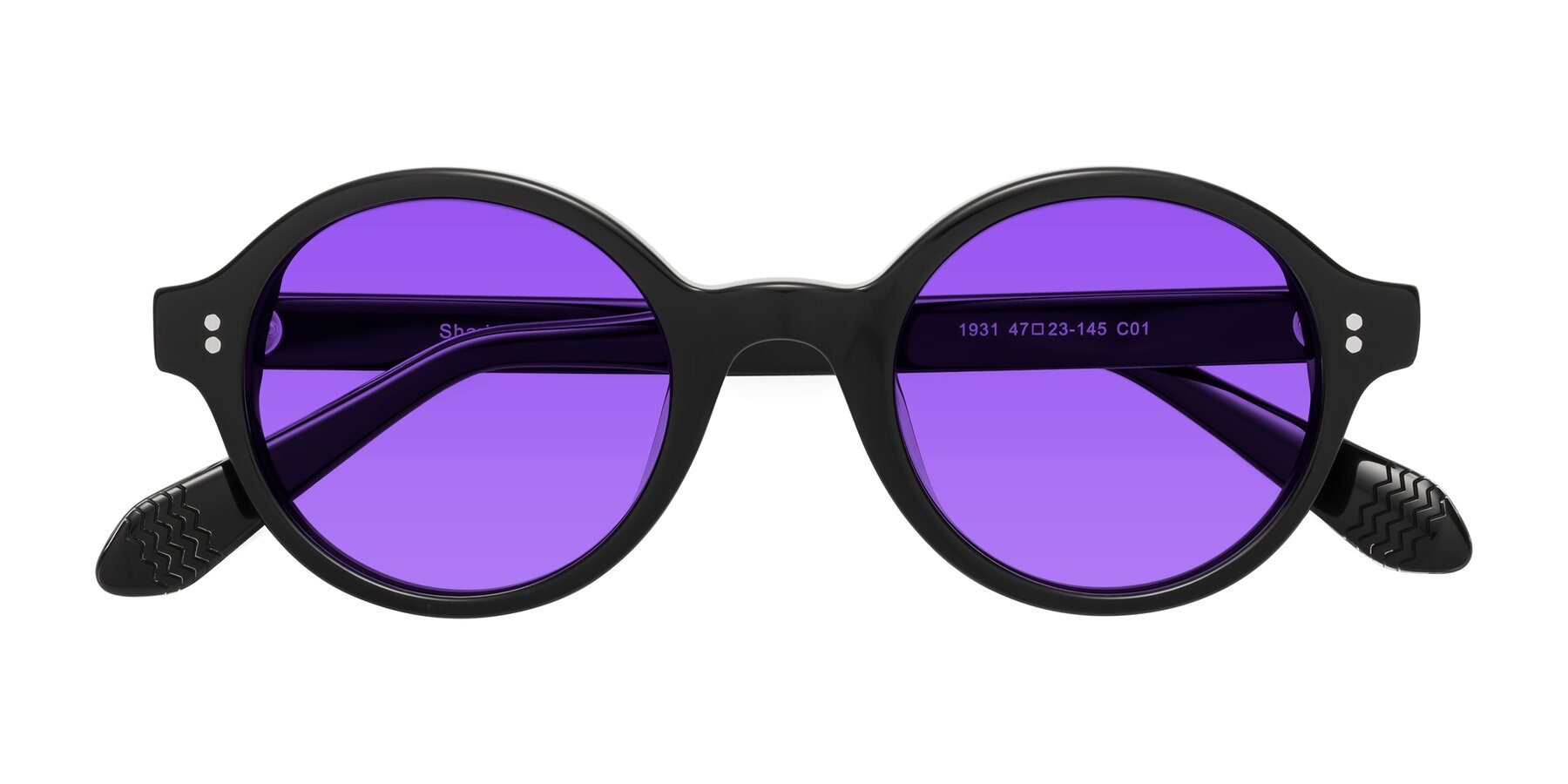 Folded Front of Shari in Black with Purple Tinted Lenses