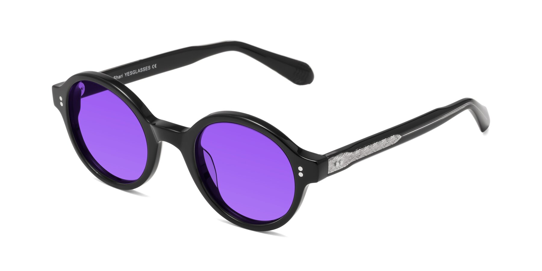 Angle of Shari in Black with Purple Tinted Lenses
