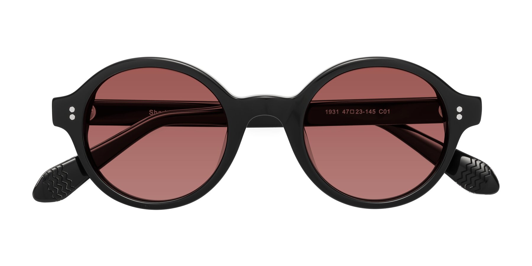 Folded Front of Shari in Black with Garnet Tinted Lenses