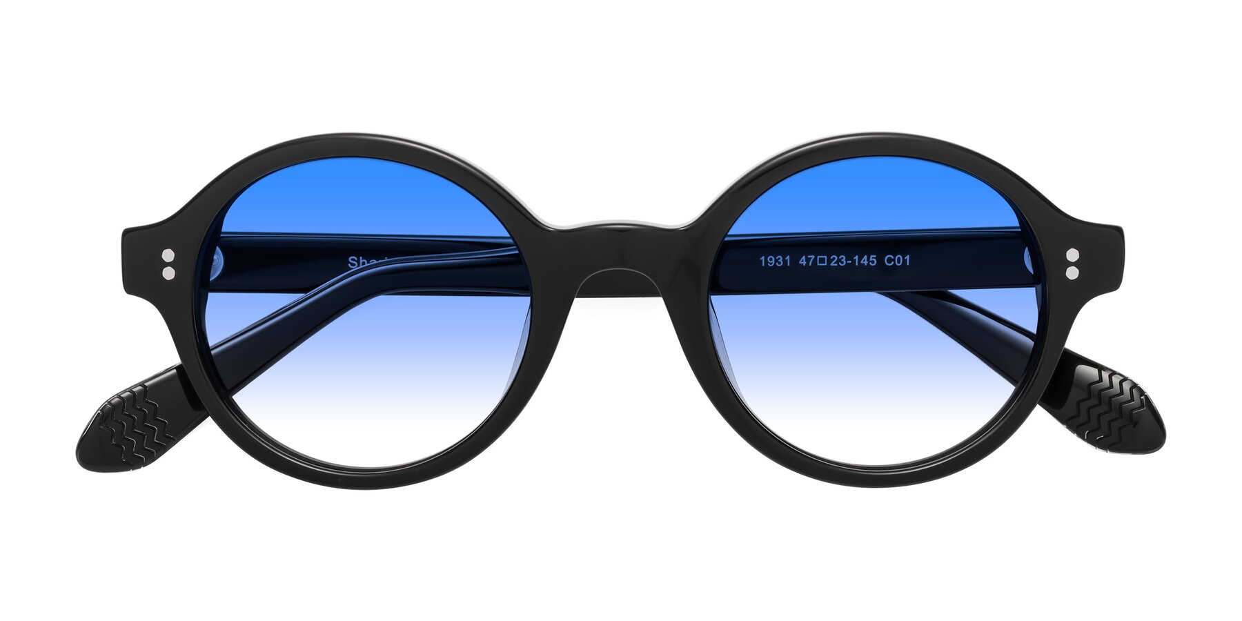 Folded Front of Shari in Black with Blue Gradient Lenses