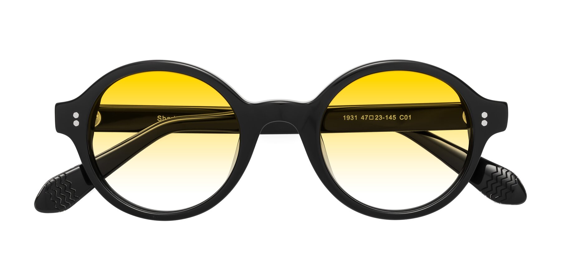 Folded Front of Shari in Black with Yellow Gradient Lenses