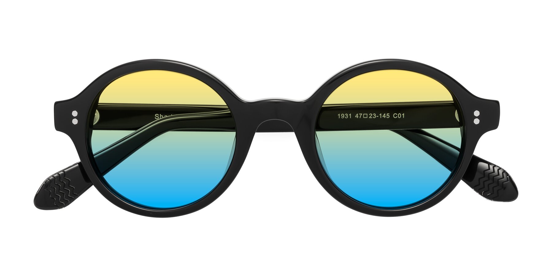 Folded Front of Shari in Black with Yellow / Blue Gradient Lenses
