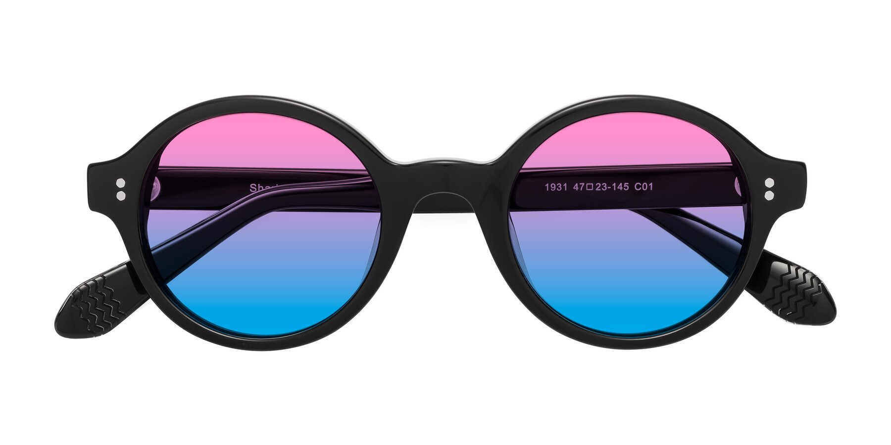 Folded Front of Shari in Black with Pink / Blue Gradient Lenses