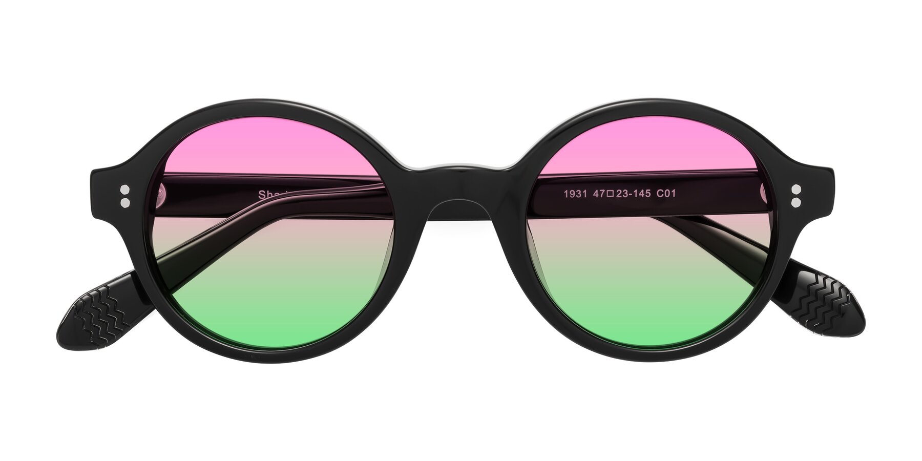 Folded Front of Shari in Black with Pink / Green Gradient Lenses