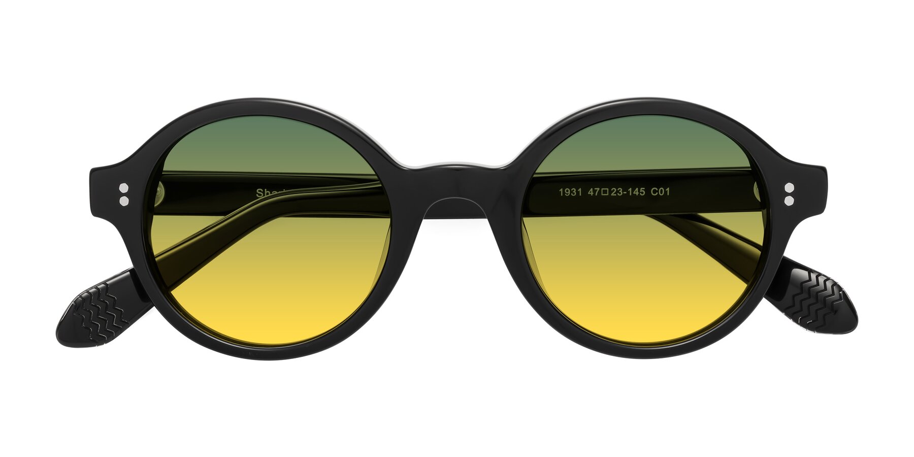 Folded Front of Shari in Black with Green / Yellow Gradient Lenses