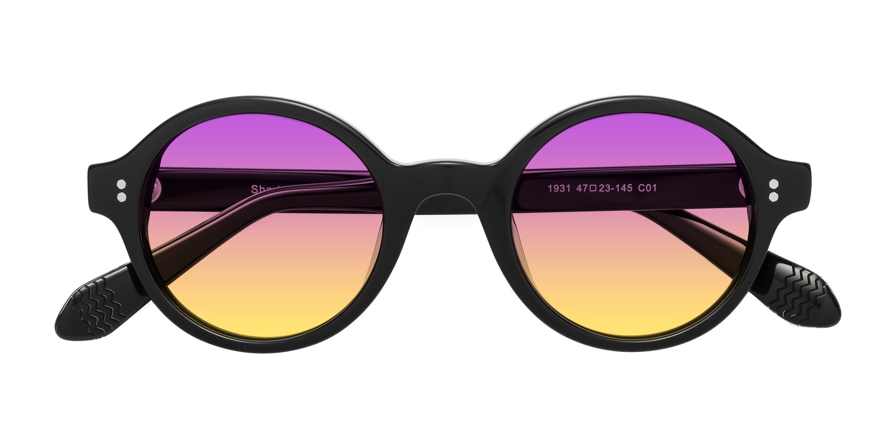 Folded Front of Shari in Black with Purple / Yellow Gradient Lenses