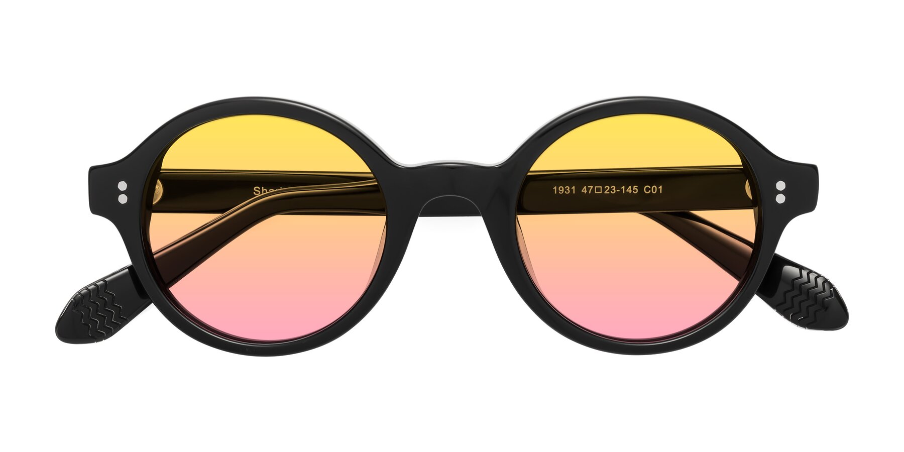 Folded Front of Shari in Black with Yellow / Pink Gradient Lenses