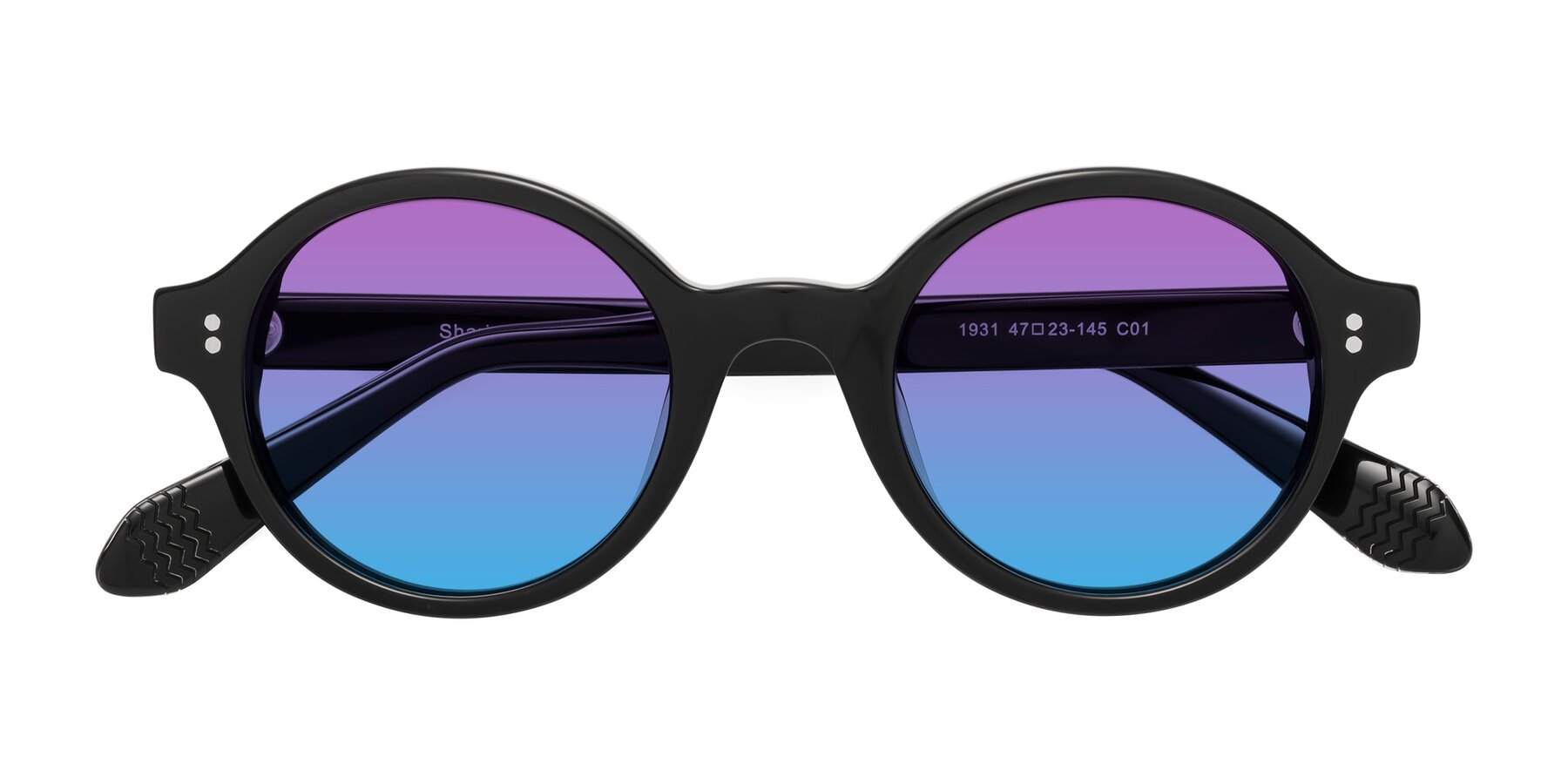 Folded Front of Shari in Black with Purple / Blue Gradient Lenses