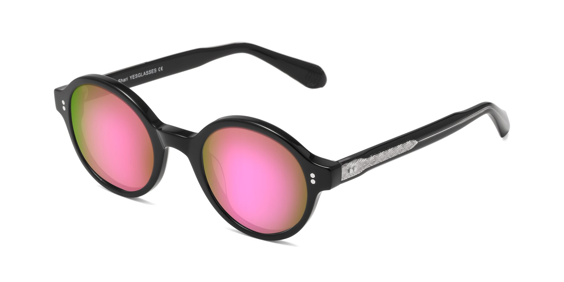 Angle of Shari in Black with Pink Mirrored Lenses