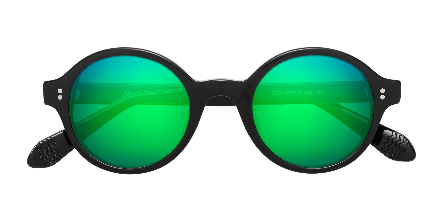 Folded Front of Shari in Black with Green Mirrored Lenses
