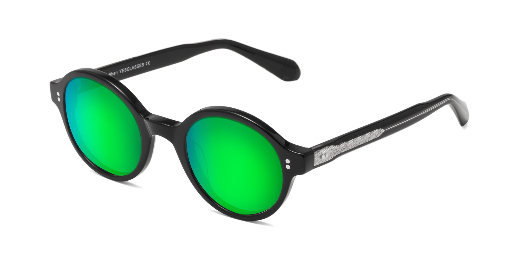 Angle of Shari in Black with Green Mirrored Lenses