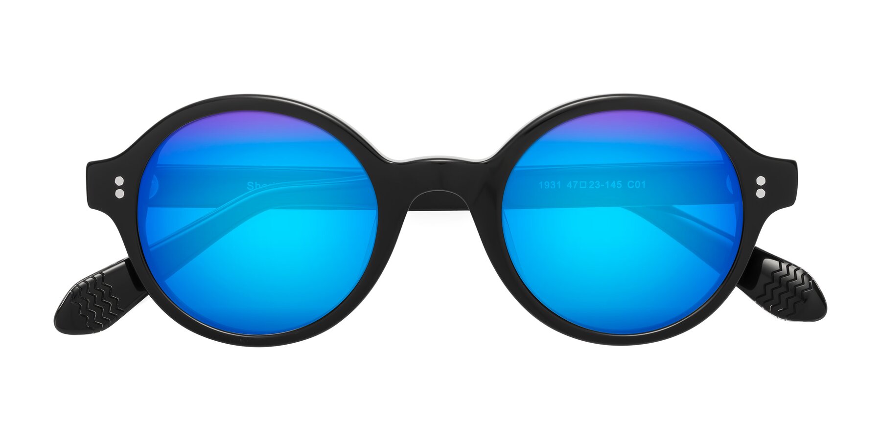 Folded Front of Shari in Black with Blue Mirrored Lenses