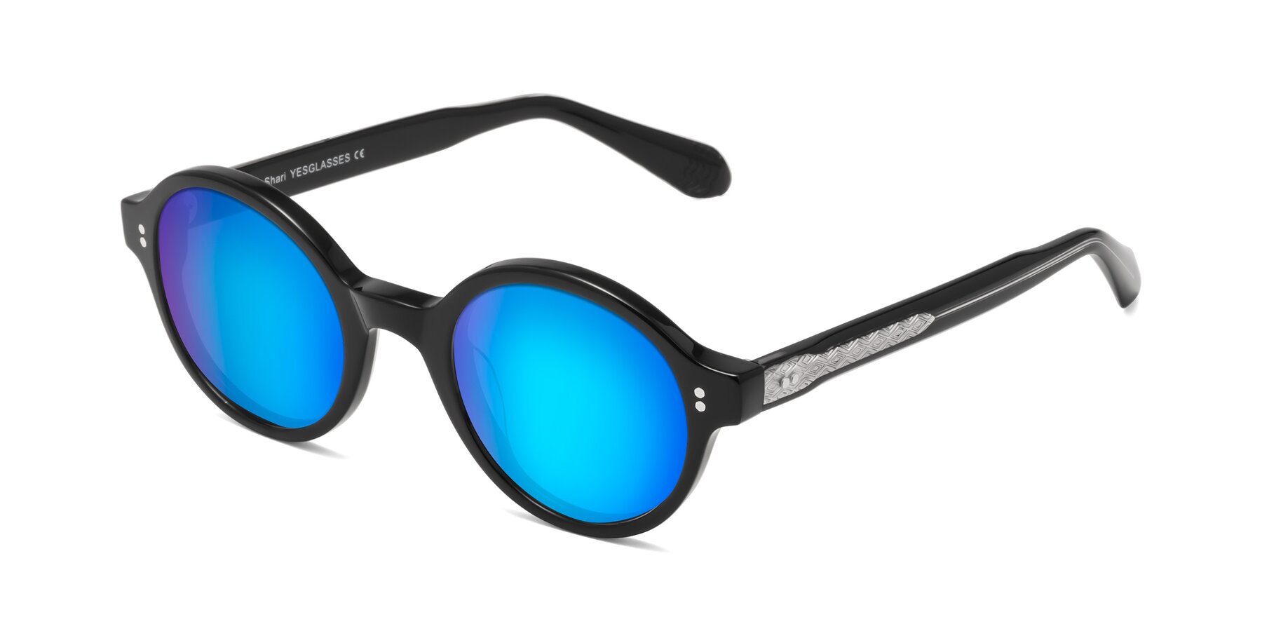 Angle of Shari in Black with Blue Mirrored Lenses