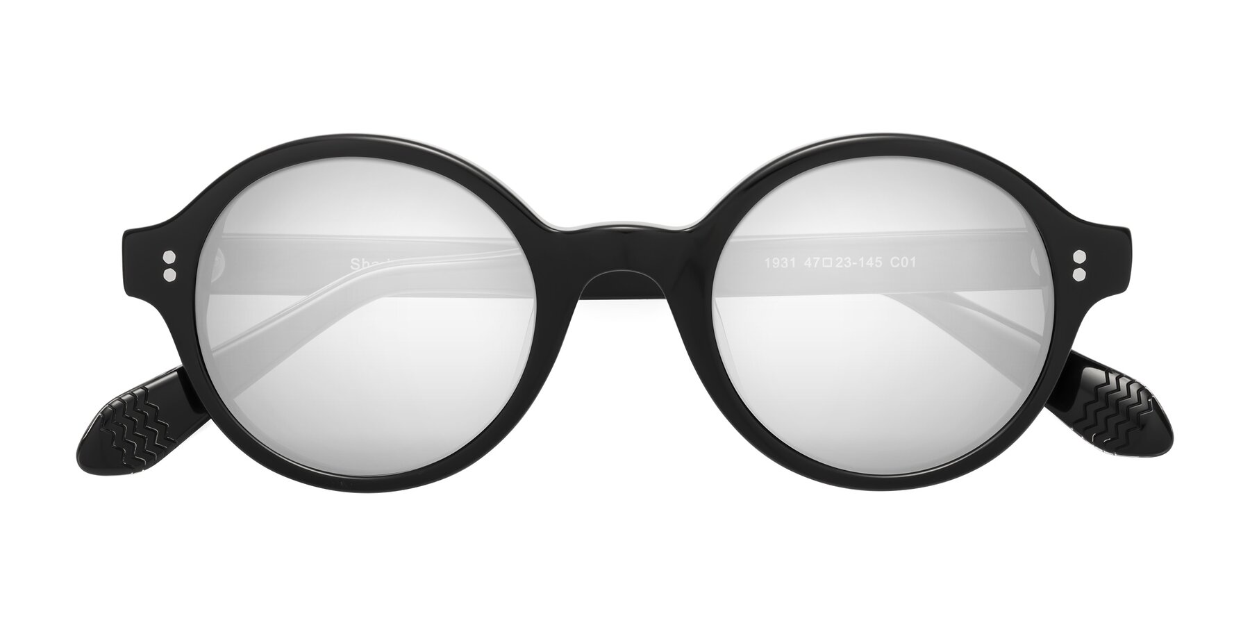 Folded Front of Shari in Black with Silver Mirrored Lenses