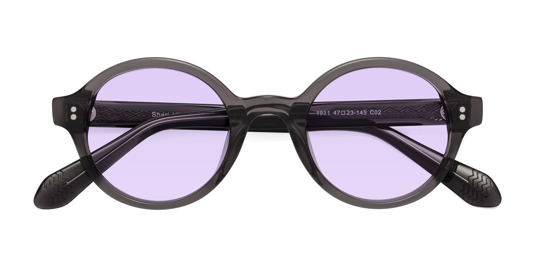 Folded Front of Shari in Dark Gray with Light Purple Tinted Lenses