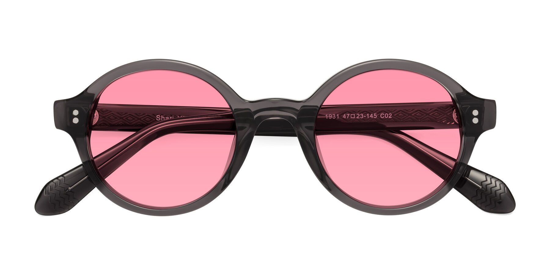 Folded Front of Shari in Dark Gray with Pink Tinted Lenses