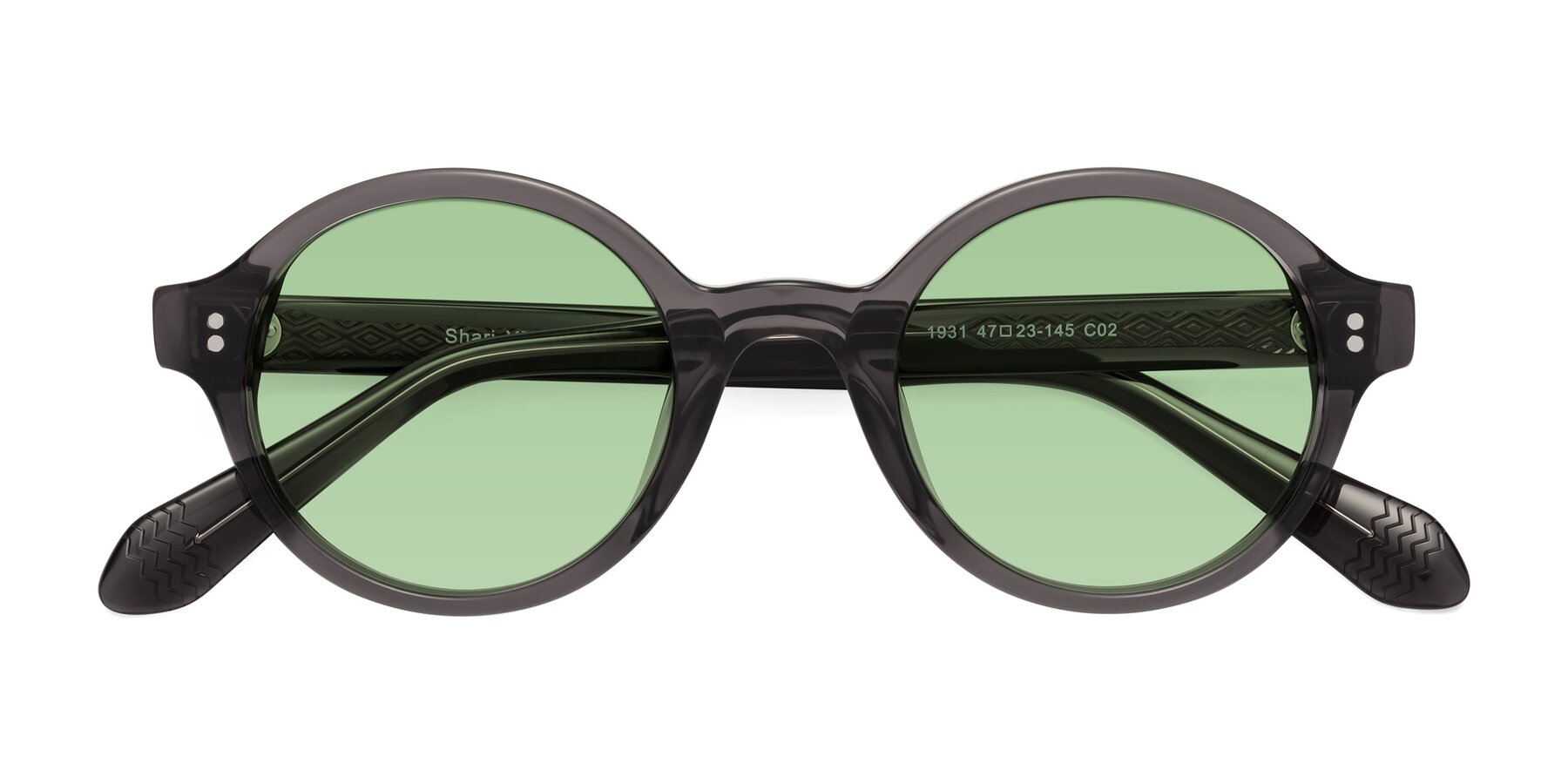 Folded Front of Shari in Dark Gray with Medium Green Tinted Lenses