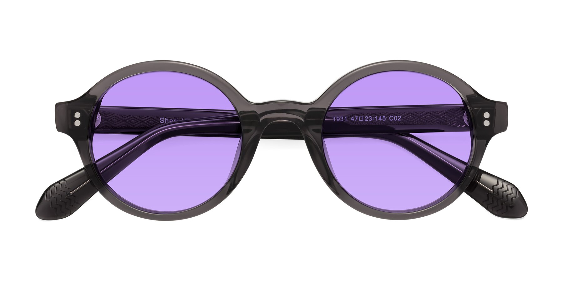 Folded Front of Shari in Dark Gray with Medium Purple Tinted Lenses