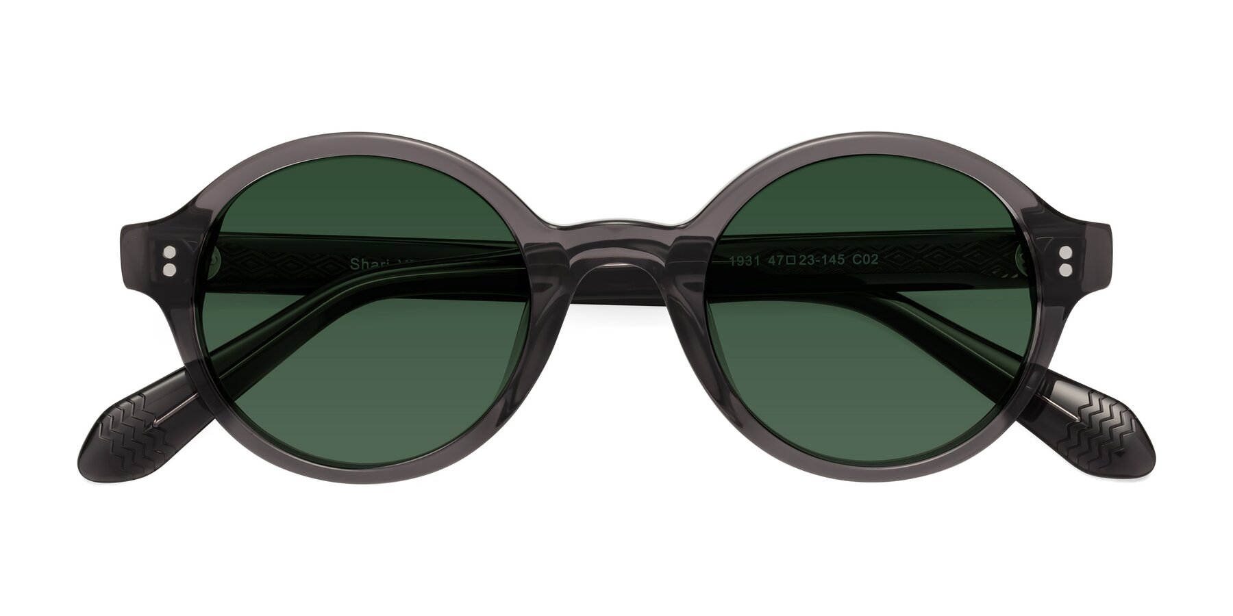 Folded Front of Shari in Dark Gray with Green Tinted Lenses